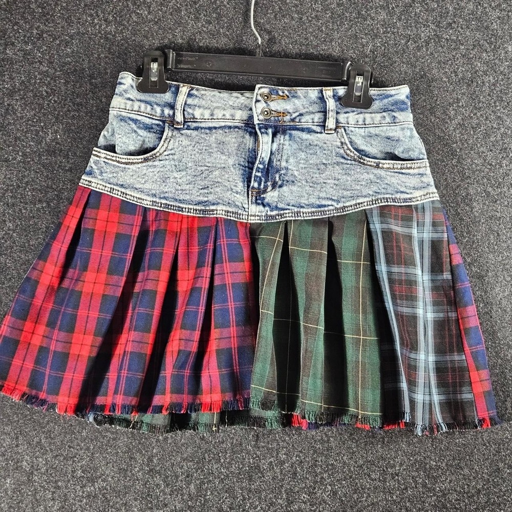 Social Collision Edgy Denim Mixed Plaid Emo Mini Skirt